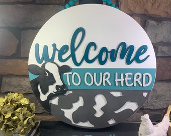 Cow Welcome round wood sign for front door, welcome to our herd, farmhouse sign, gift for cow lover, wall decor