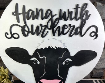 Cow Welcome round wood sign for front door, hang with our herd, cow face,  farmhouse sign, gift for cow lover, wall decor