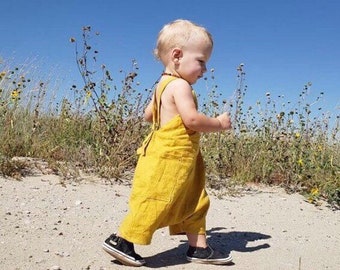 Mustard linen romper for boys or girls sizes preemie to 10.