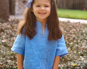 Blue skies linen "Teddy" shirt with neckline cutout for easy on off. Smart casual gender neutral design