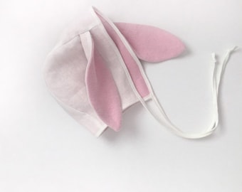 Warm winter pink and white bunny ear bonnet lined made with white linen and lined with 100% organic cotton fleece