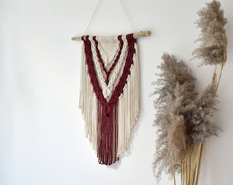 Burgundy Macrame Wall Hanging ∣ Woven Wall Tapestry Art