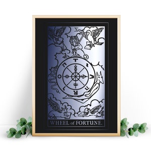Impression de cartes de tarot - Roue de la fortune. Poster de tarot déjoué sur un papier cartonné noir.