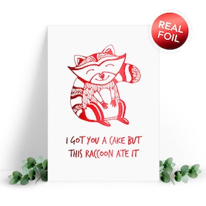 Carte d'anniversaire de raton laveur. Carte drôle, mignonne et grasse de raton laveur - Je t'ai eu un gâteau mais ce raton laveur l'a mangé - Véritable carte en aluminium, livrée avec une enveloppe.