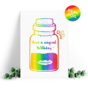 Avoir un anniversaire magique - véritable carte d'anniversaire en aluminium. Potion, magie, sorcière, carte de sorcier.