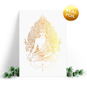 Tarjeta de felicitación de Buda hecha con papel de aluminio. Un regalo para practicantes de budismo, meditación, conciencia, relajación. Tarjeta del Altar de Buda.