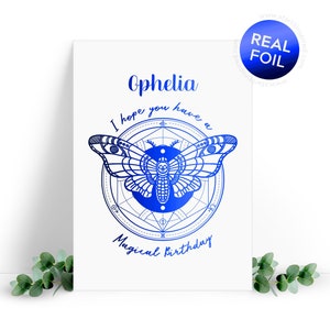 Espero que tengas un cumpleaños mágico - tarjeta de nombre personalizada para una persona espiritual, bruja, esotérica, hechicero hecha con papel de aluminio real