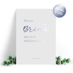 Cartão de felicitações de noiva personalizado frustrado para o dia do casamento. Cartão de data personalizado para sua futura esposa. Folhas de ouro, ouro rosa e prata disponíveis