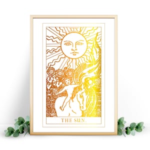 De zon-tarotprint. Tarotposter in goud, roségoud, zilver en andere foliekleuren.