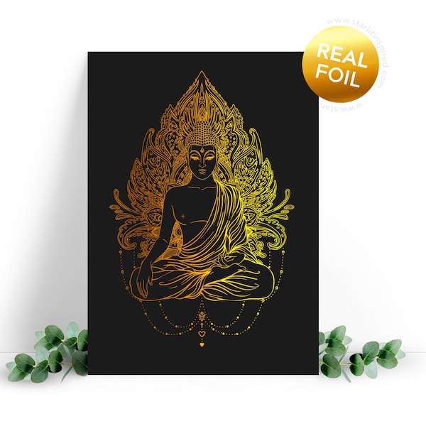 Buddha Foil Greeting Card. A gift for practitioners of buddhism, meditation, awareness, relaxation, zen, namaste. Buddha Altar Card.