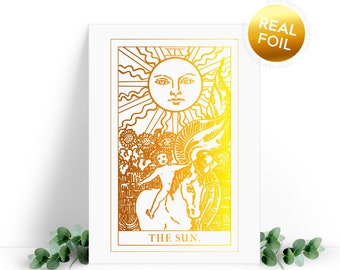 The Sun Tarot Greeting Card on a white cardstock. The Sun signifies joy, happiness and promises success, optimism, achievement, good fortune