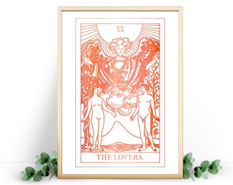 The Lovers Tarot Print. Tarot Poster in Gold, Rose Gold, Silver and other foil colours.
