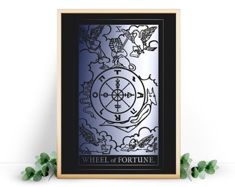 Tarot Card Print - Wheel of Fortune. Tarot Poster foiled on a black cardstock.