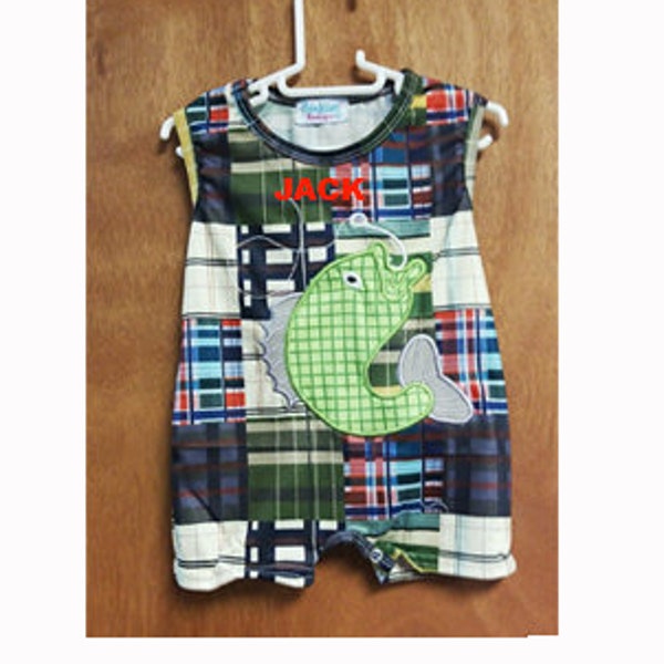 boys boutique Fishing romper, preppy boys clothes,  toddler boys romper, infant boys romper, fishing romper, Boys Fishing outfit