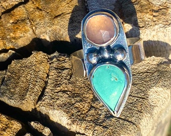 Handgemachte Sterling Silber Ring, Rosenquarz & Türkis, Boho Chic