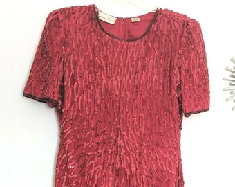Vintage Laurence Kazar Dress Medium 100% Silk Dress Pencil Sequin Formal Gatsby Red Elegant Beaded Embellished