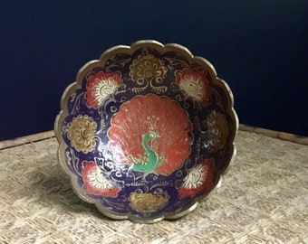 Vintage Brass and Enamel Peacock Bowl with Scalloped Rim