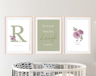 Set of 3 New Baby Prints - Floral Nursery Art - Children's Initial Gift - Baby Name Prints - Personalised Baby Name - Free Postage