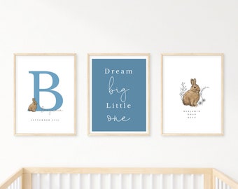 Set of 3 New Baby Prints - Benjamin Bunny Nursery Art - Children's Initial Gift - Baby Name Prints - Personalised Baby Name - Free Postage