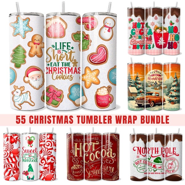 55 Christmas Tumbler Wrap, Christmas Tumbler Sublimation Design, 20oz 30oz Skinny Tumbler Straight Tapered PNG Template Mega Bundle Digital