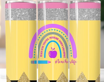 Teacher Tumbler Wrap Sublimation Designs, Pencil Rainbow Teacher Tumbler Wrap for Teachers, 20oz 30oz Skinny Tumbler Template PNG, Digital