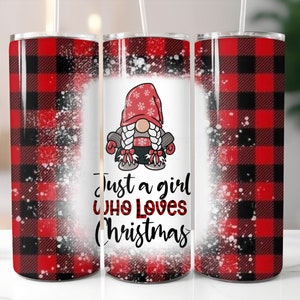 Christmas Tumbler Sublimation Design, Cute Gnome Girl Christmas Tumbler Wrap, 30 oz 20 oz Skinny Tumbler PNG Template Straight and Tapered