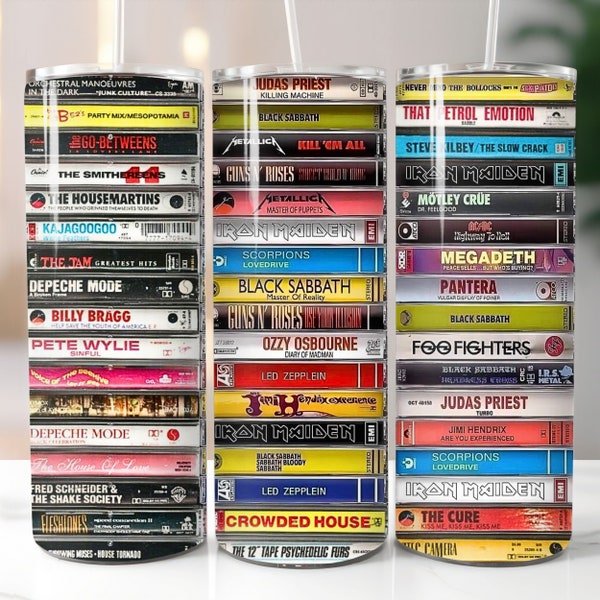 3 Cassette Tape Sublimation Designs, Cassette Tumbler Wrap Bundle, 80s 90s Retro Rock Hip Hop Cassette Tape PNG, 20oz Skinny Tumbler Wrap