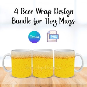 May include: Set of three 11 oz mugs with a beer wrap design. The mugs are white with a yellow beer design and a white foam top. The design features a realistic depiction of beer with bubbles.