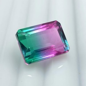 Bi color watermelon tourmaline gemstone, natural doublet crystal tourmaline loose stone, gemstone jewelry, 10x14mm doublet emerald cut stone