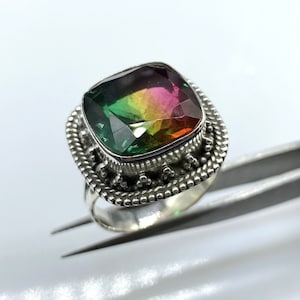 Tourmaline Crystal Doublet Ring, Tri color gemstone ring, 925 Sterling Silver Ring, Cushion Shape Bi color stone ring, Gemstone Jewelry