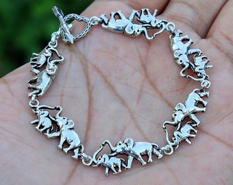 Elephant design bracelet, Sterling silver bracelet, Silver charm bracelet, Link bracelet, Meditation bracelet, Silver jewelry, Gift for her