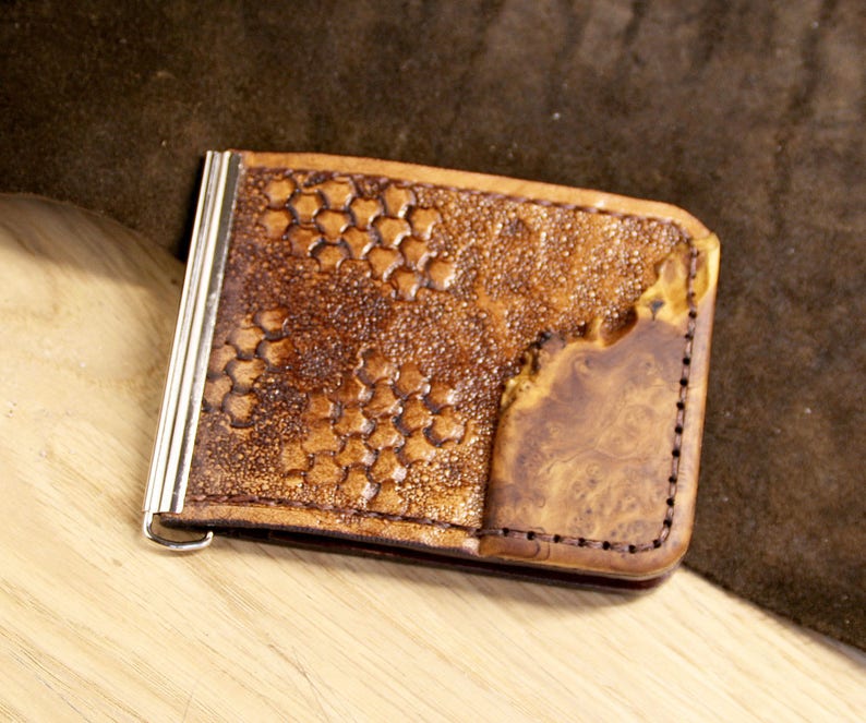 Leather And Wood Money Clip Wallet Wilde Olive Burl Card Image 0