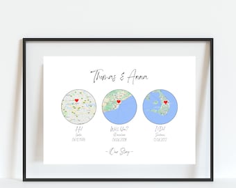 Engagement Gift | Engagement Print | Engagement Map Print | Couples Gift | Personalised Map Print | Engagement Map | Heart Print