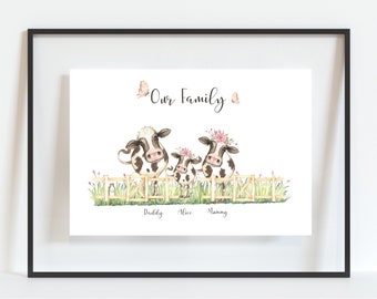 Personalised Cow Family Print, Countryside Farm, Custom Family Portrait, Watercolor Animals, Family Christmas Gift, Secret Santa Gift