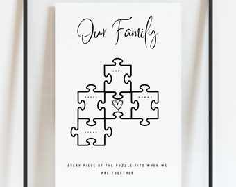 Gepersonaliseerde familienamen print, familie puzzel print, gepersonaliseerde familie print, familie print, verjaardagscadeau, kerstcadeau, familienamen