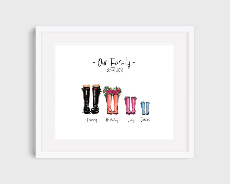 Personalised Family Names Print Personalised Family Print Christmas Gift Wellington Boot Print Welly Print Personalised Welly Print