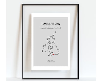 Personalised Engagement Map Print | Engagement Gift Print | Map Print | Engagement Print | Wedding Gift | Engagement - FRAMED