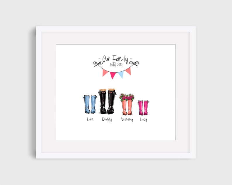 Personalised Family Names Print Personalised Family Print Christmas Gift Wellington Boot Print Welly Print Personalised Welly Print