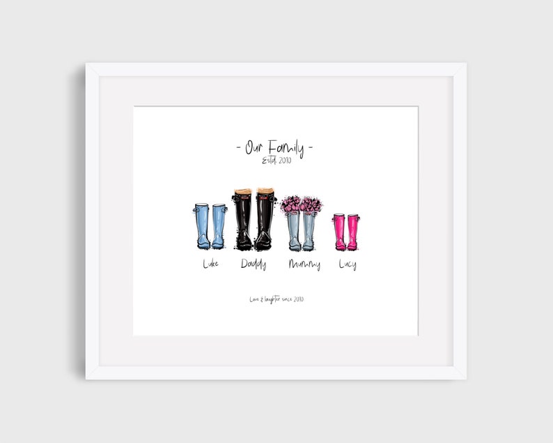 Personalised Family Names Print Personalised Family Print Christmas Gift Wellington Boot Print Welly Print Personalised Welly Print