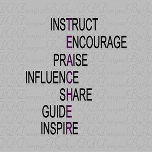 May include: A black and purple word art design with the words "INSTRUCT", "ENCOURAGE", "PRAISE", "INFLUENCE", "SHARE", "GUIDE", and "INSPIRE".