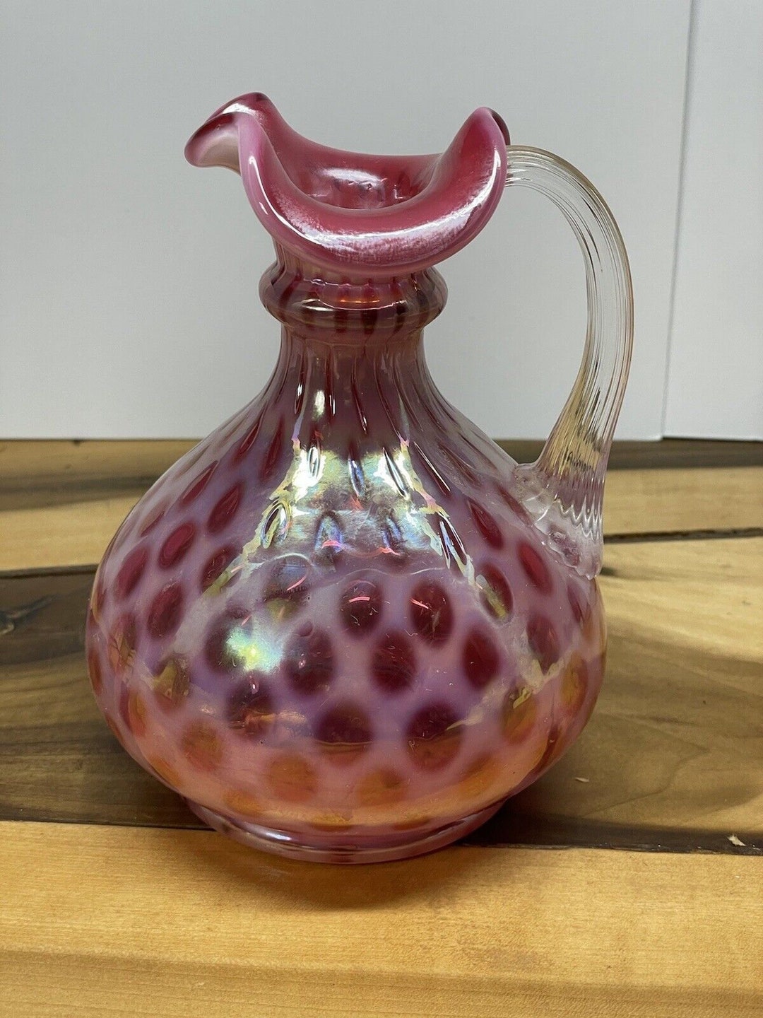 Vintage Fenton Cranberry Glass Coin Dot Honeycomb Opalescent Pitcher ...