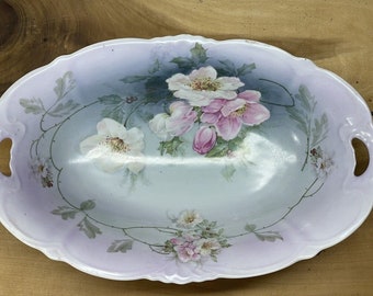 Vintage Beautiful Hand Painted Violet Purple Floral Oval Fruit Bowl - 13"