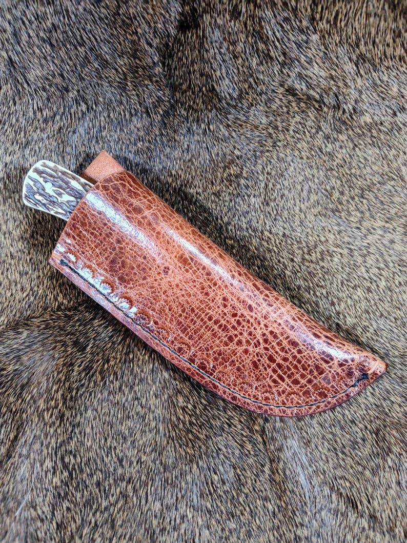 May include: A brown leather knife sheath with a stitched edge. The sheath has a textured, alligator-like pattern.