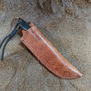 May include: A brown leather sheath with a black knife inside. The sheath has a knotted cord attached to it.