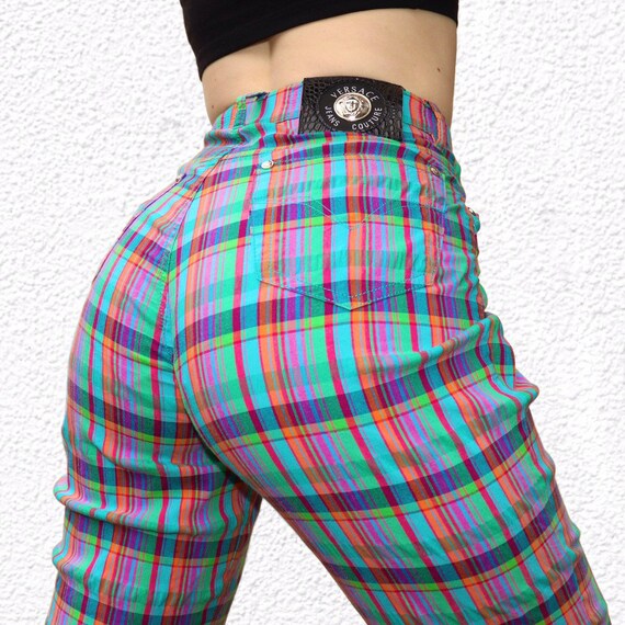 VERSACE rainbow plaid high waisted trousers UK8