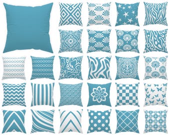 May include: A selection of 20 square cushions in teal and white, showcasing diverse patterns including geometric shapes, floral designs, and abstract art. The image includes the text: "Swipe to see all 70 pillows!" and "Each pillow is numbered for easy selection."