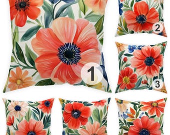 May include: Six different floral pillow covers with a white background and red, orange, and yellow flowers. The pillow covers are numbered 1 through 6.