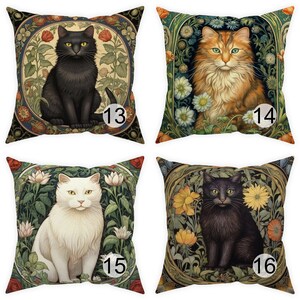 May include: Four decorative throw pillows featuring cat portraits in a vintage floral design. The cats are black, orange, white, and dark gray. Each pillow has a different cat and floral arrangement, with a number in the corner.
