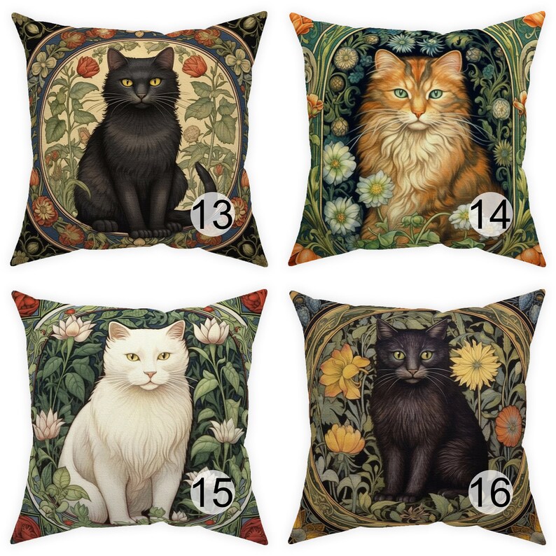 May include: Four decorative throw pillows featuring cat portraits in a vintage floral design. The cats are black, orange, white, and dark gray. Each pillow has a different cat and floral arrangement, with a number in the corner.