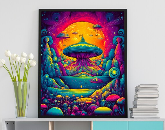 Psychedelic Sci Fi Print Colorful Poster Canvas Acid Trippy Artwork Ufo Home Decor Science Fiction Art Etsy Canada